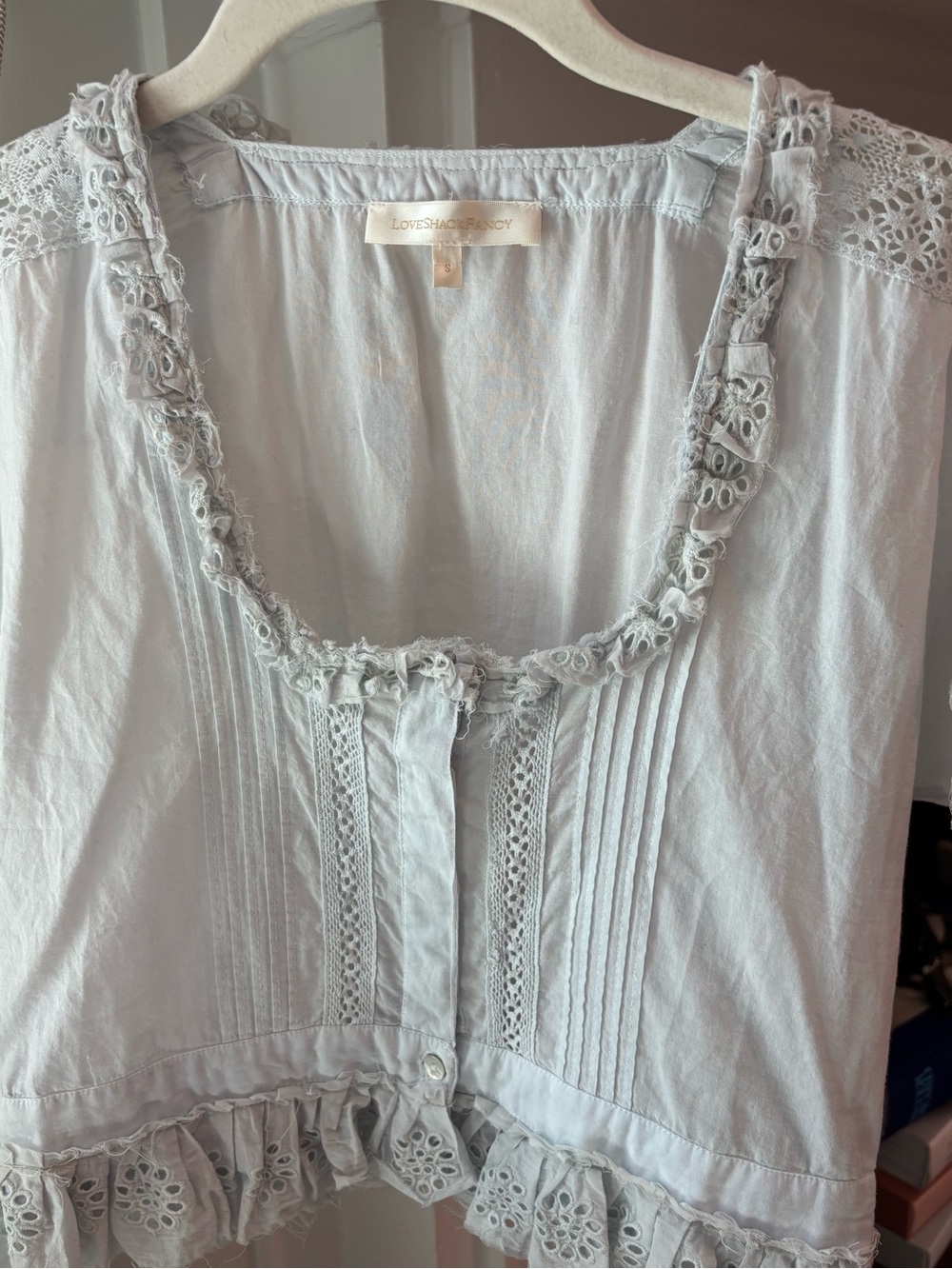 LoveShackFancy Light Blue Eyelet Ruffle Pintuck Blouse